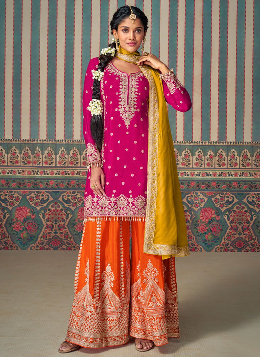 Salwar Suit Embroidered Hot Pink Chinon T5737