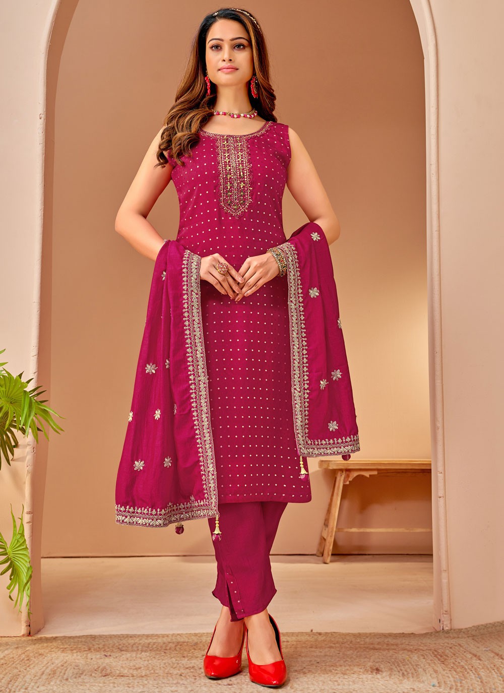 Pant Style Suit Embroidered, Sequins, Zari Hot Pink T7435