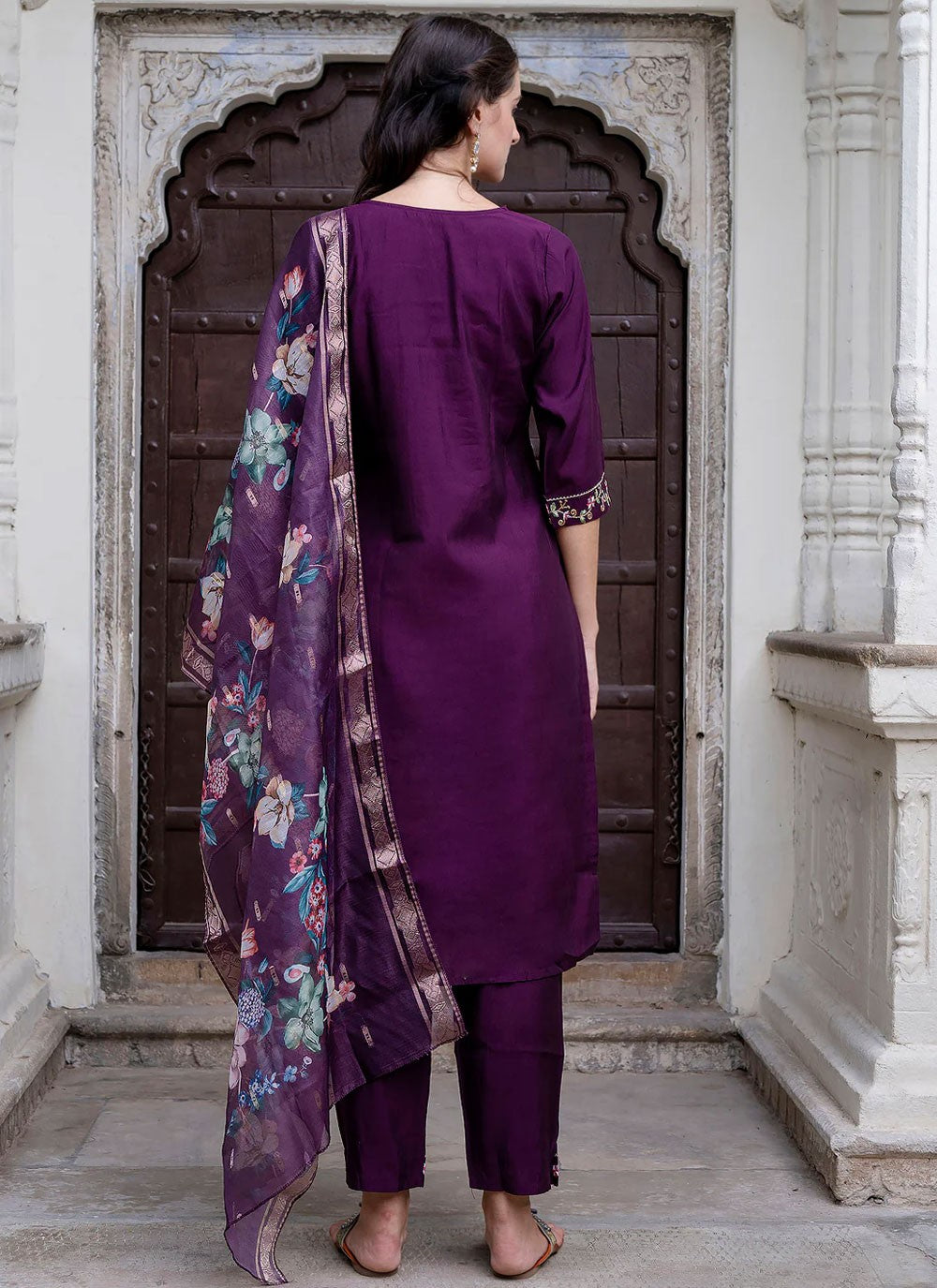 Pant Style Suit Embroidered Purple T6977