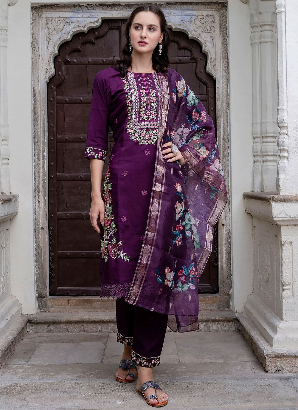 Pant Style Suit Embroidered Purple T6977