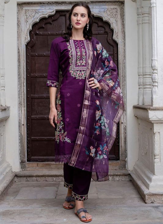 Pant Style Suit Embroidered Purple T6977