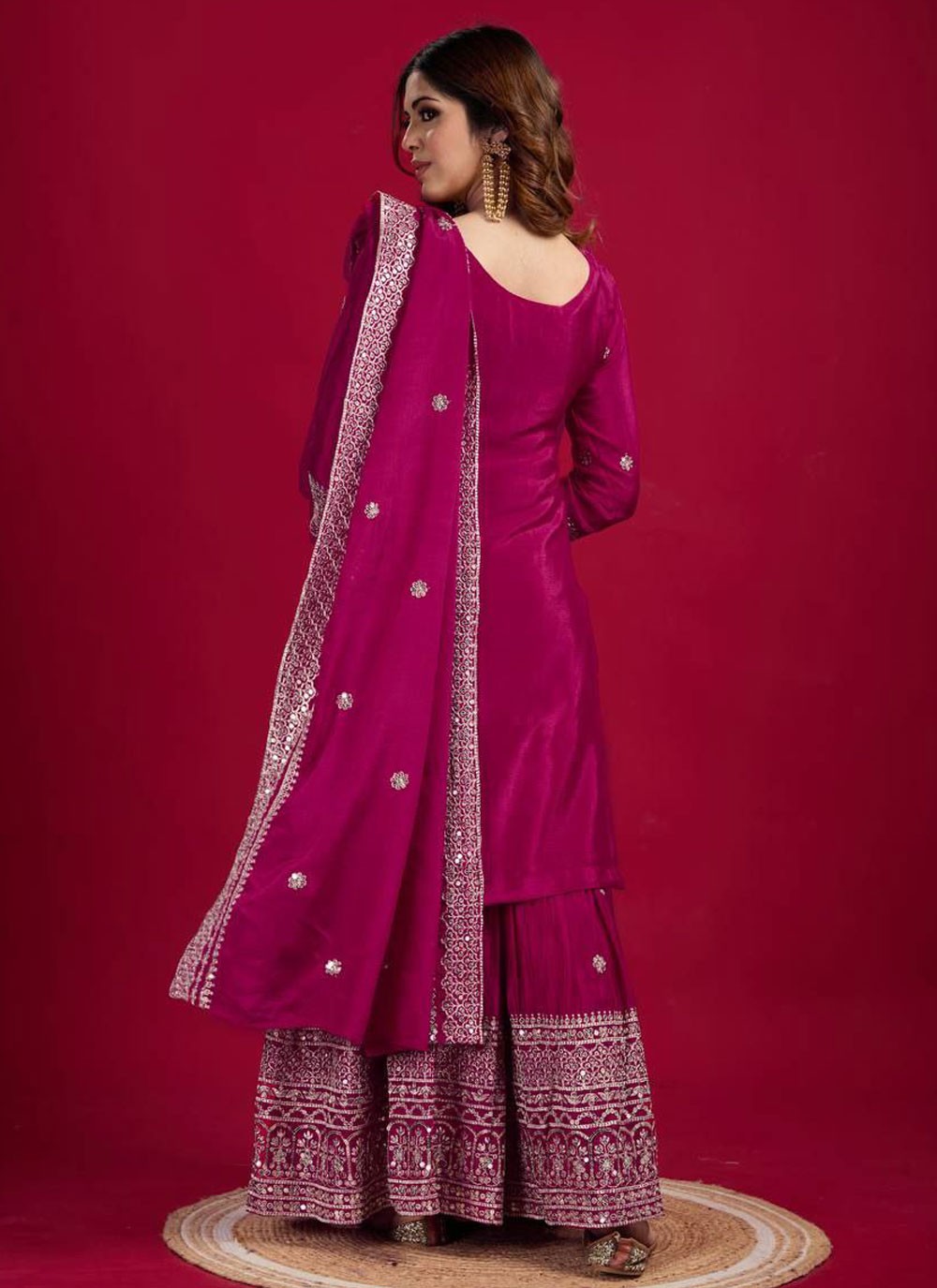Salwar Suit Embroidered Hot Pink, Magenta Chinon T5891