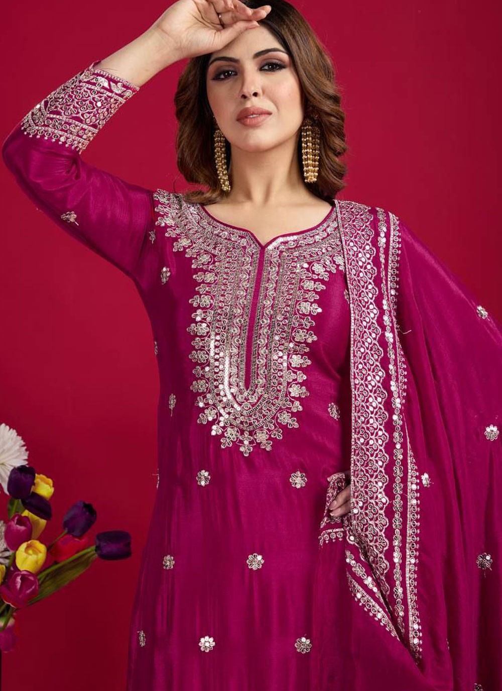 Salwar Suit Embroidered Hot Pink, Magenta Chinon T5891