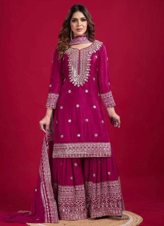 Salwar Suit Embroidered Hot Pink, Magenta Chinon T5891