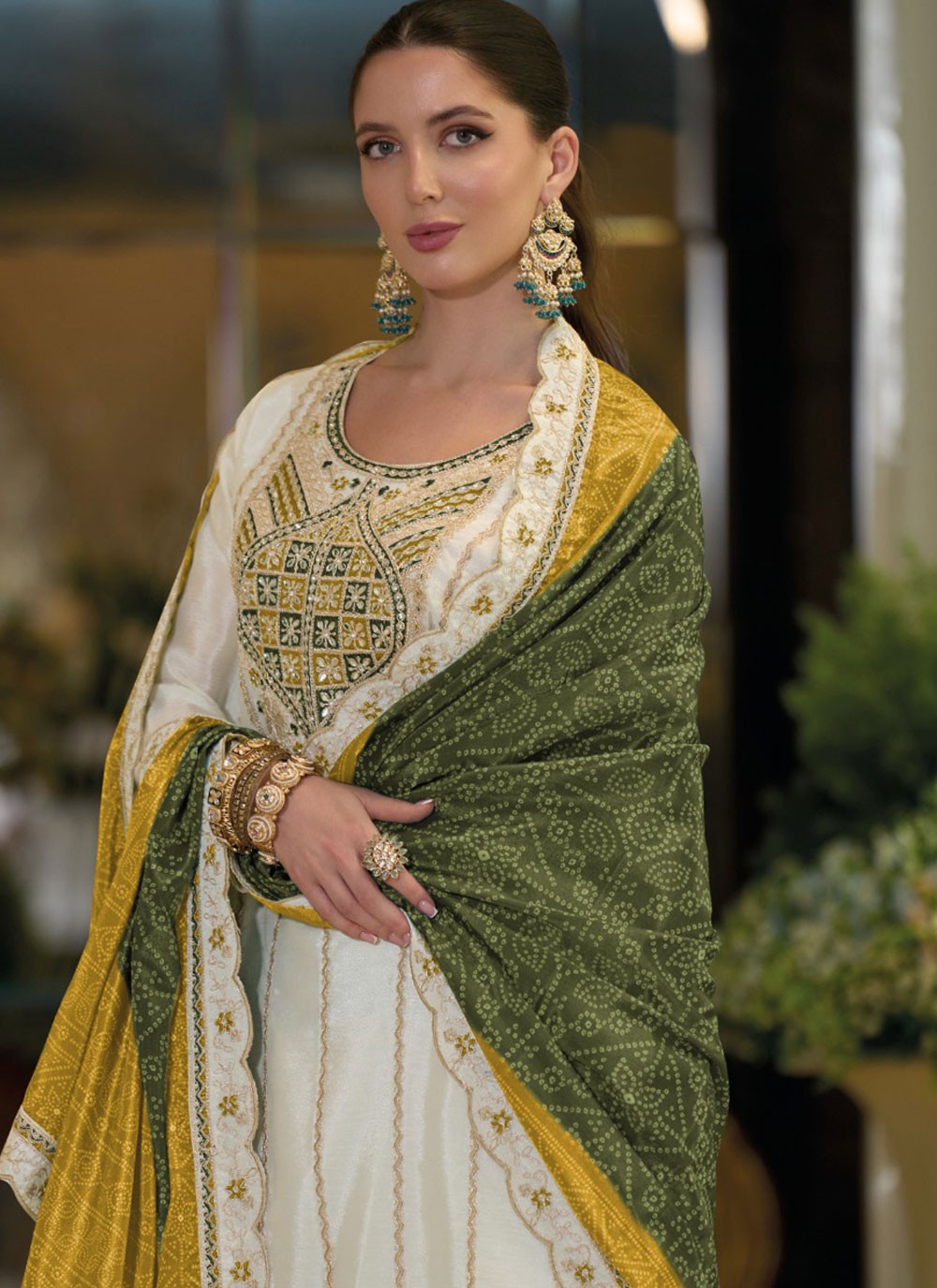 Sharara Suit Embroidered, Stones, Zari White T6768