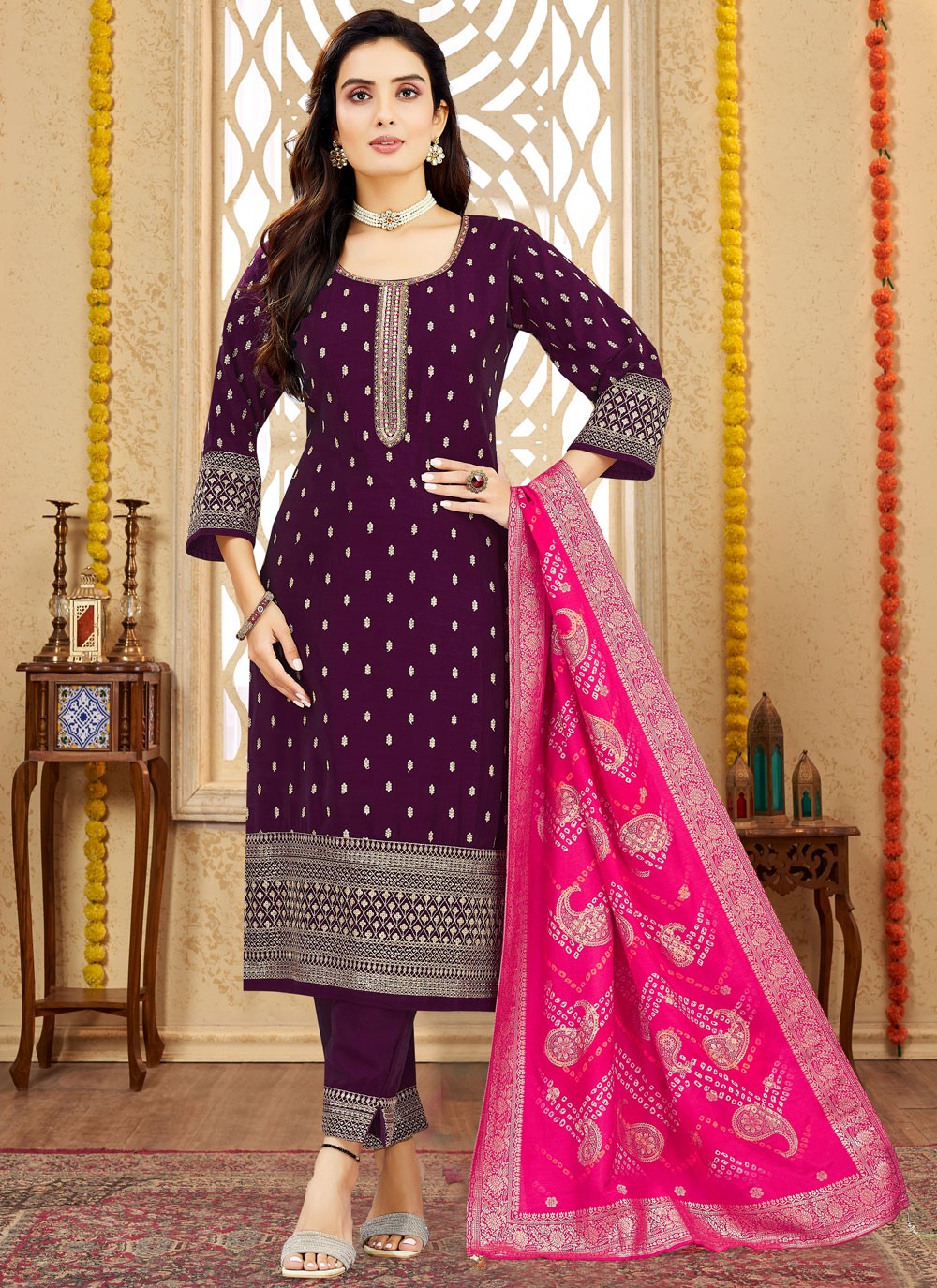 Pant Style Suit Embroidered, Zari Purple T7980
