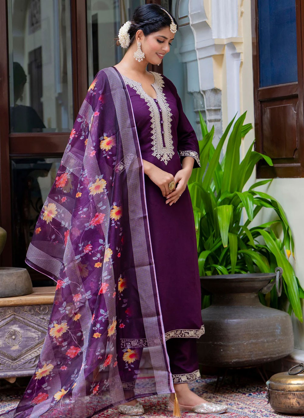 Pant Style Suit Embroidered Purple T6936