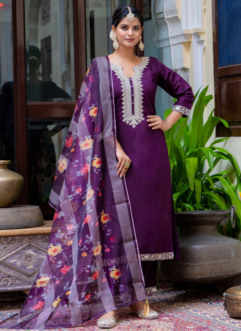 Pant Style Suit Embroidered Purple T6936