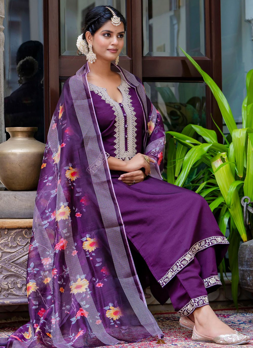 Pant Style Suit Embroidered Purple T6936