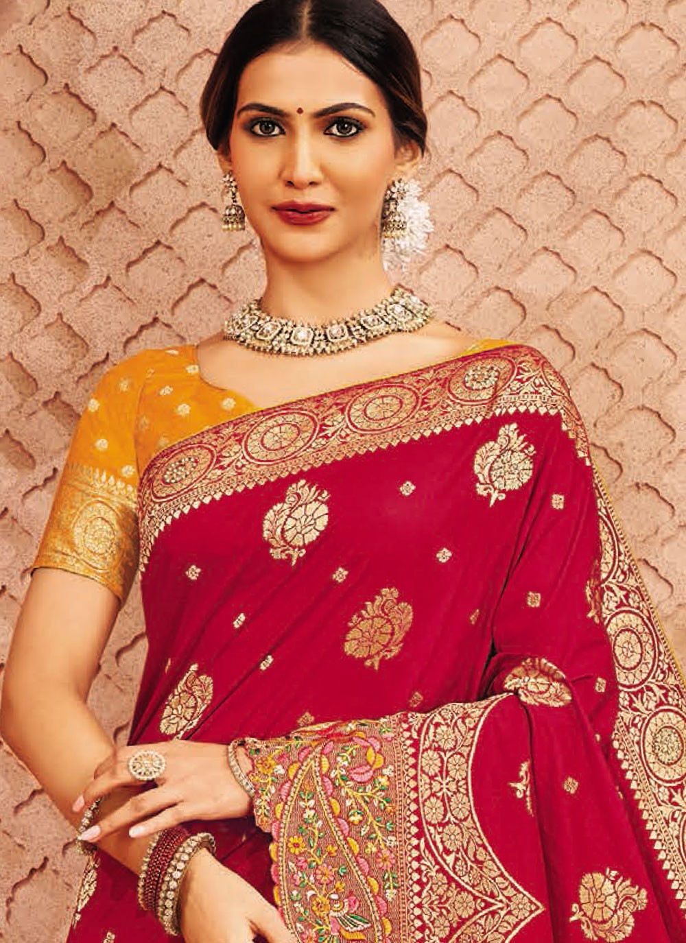 Red Silk Designer Saree Embroidered, Patch Border S20174