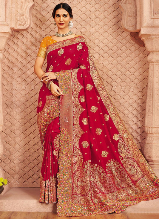 Red Silk Designer Saree Embroidered, Patch Border S20174