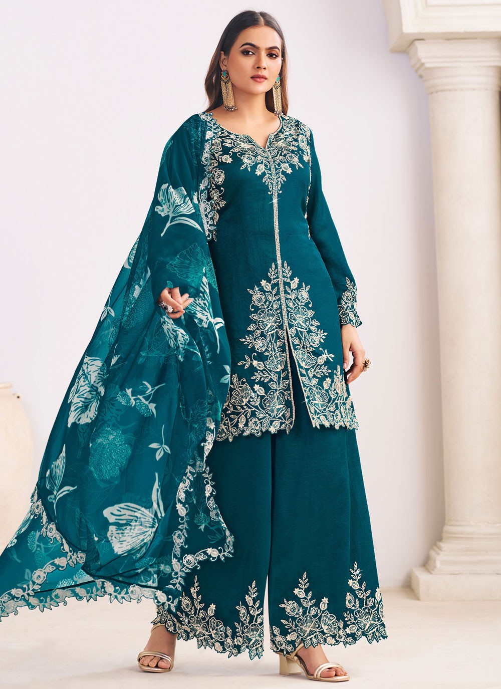 Palazzo Suit Embroidered Sea Green T8573