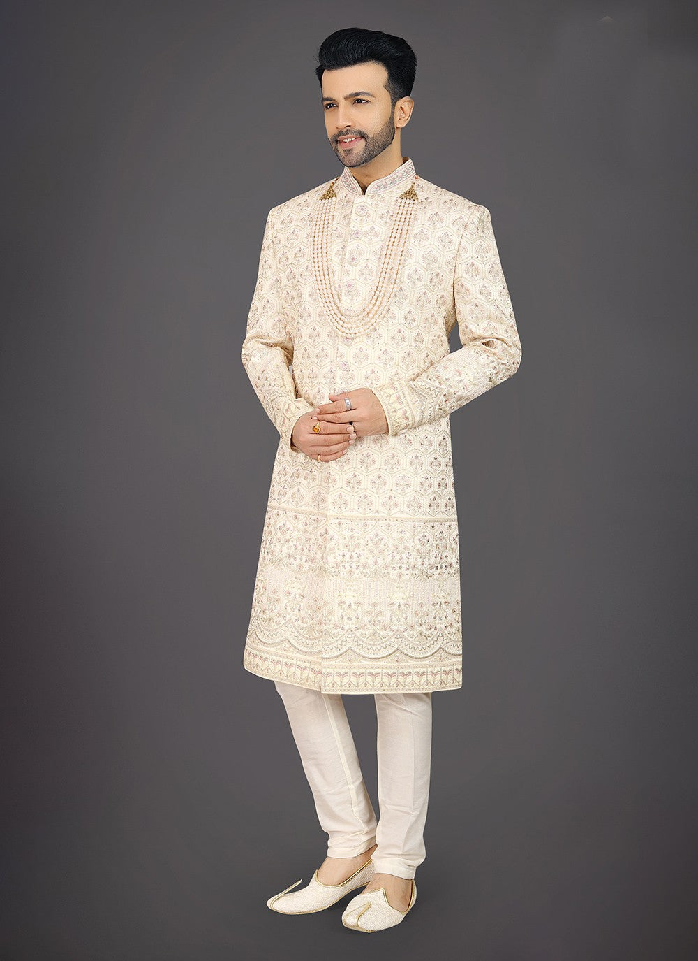 Embroidered Silk Cream Sherwani - M7973