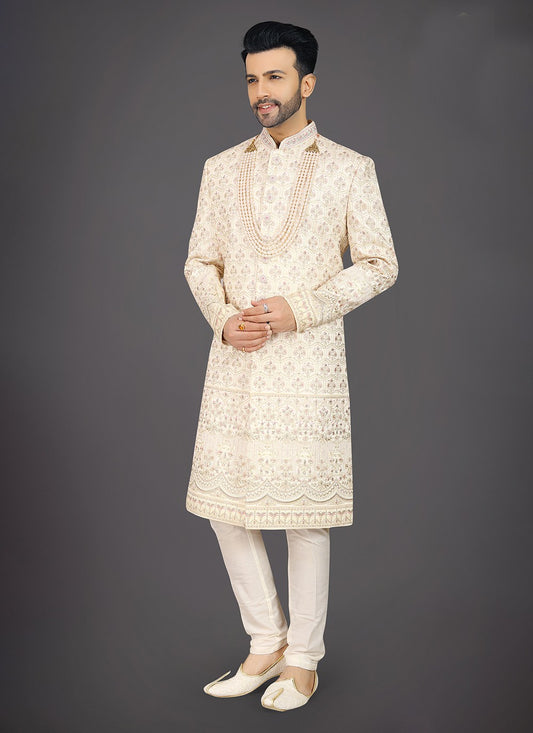 Embroidered Silk Cream Sherwani - M7973