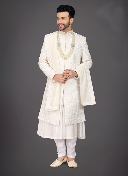 Embroidered Silk Off White Sherwani - M7986
