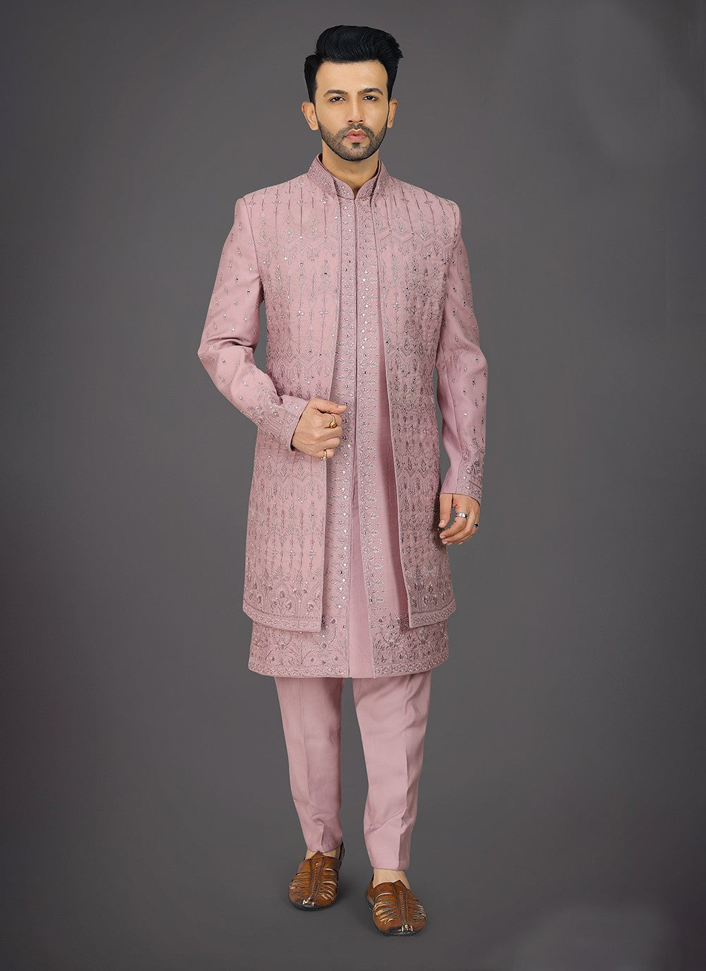 Embroidered Silk Pink Sherwani - M8018