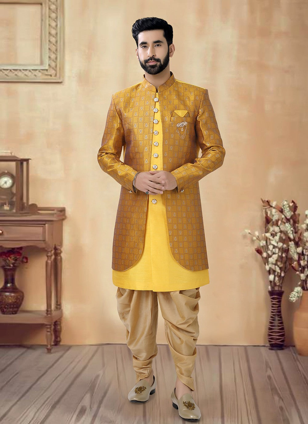 Embroidered Silk Yellow Sherwani - M8506