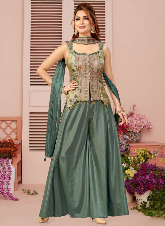 Palazzo Suit Embroidered, Printed, Zari Teal T8073