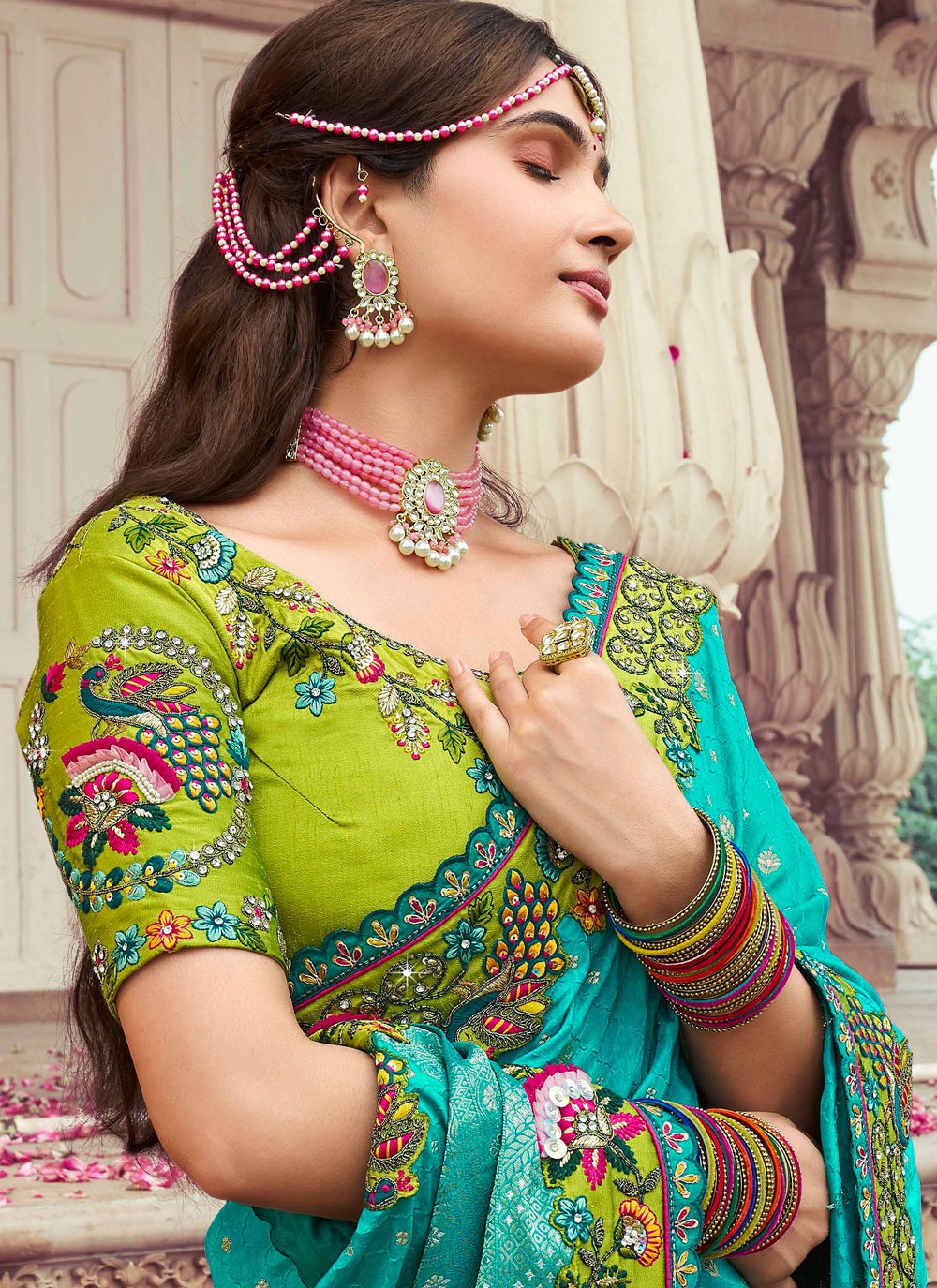 Cut Work Silk Firozi Traditional Saree S15344