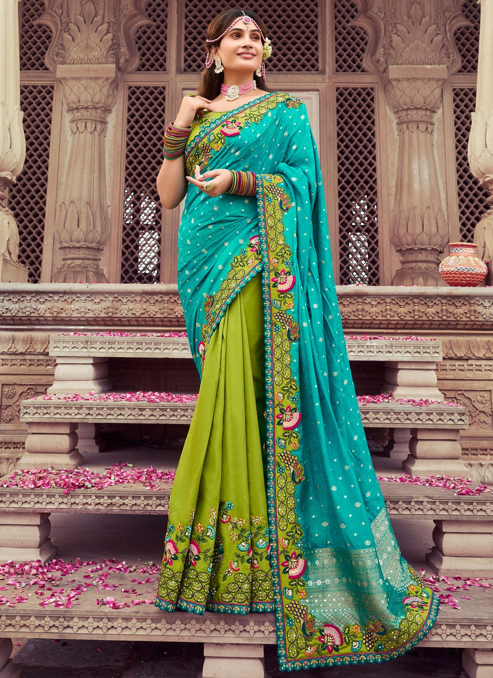 Cut Work Silk Firozi Traditional Saree S15344