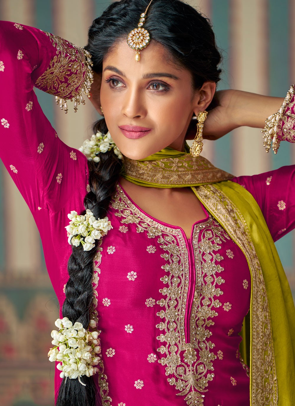 Salwar Suit Embroidered Hot Pink Chinon T5738