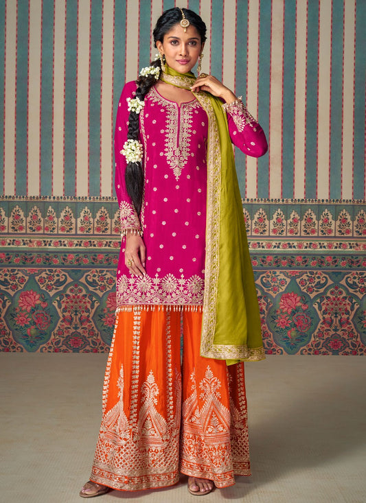 Salwar Suit Embroidered Hot Pink Chinon T5738