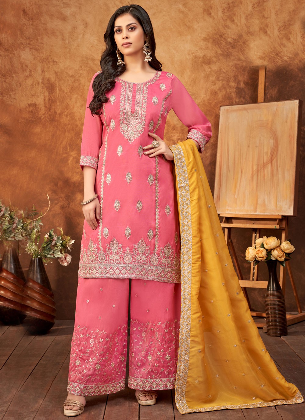 Palazzo Suit Embroidered, Zari Pink T6660