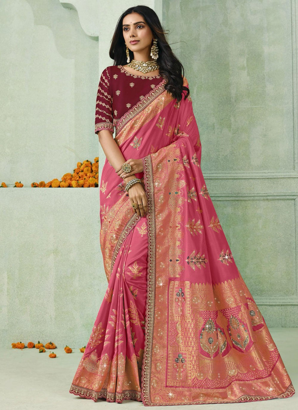 Pink Silk Trendy Saree Embroidered S19927