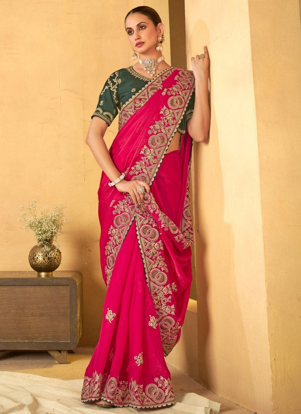 Border Work Silk Hot Pink Classic Saree S14941