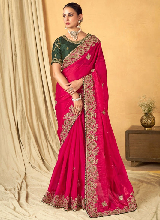 Border Work Silk Hot Pink Classic Saree S14941