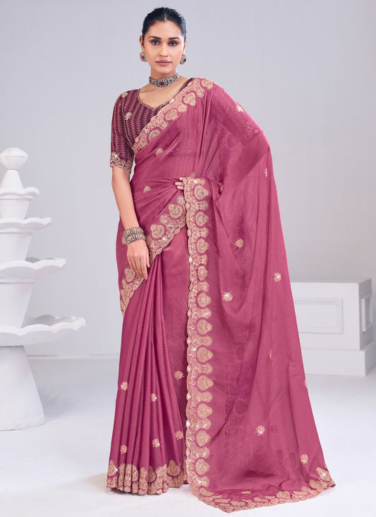 Pink Silk Classic Saree Fancy Work S19874
