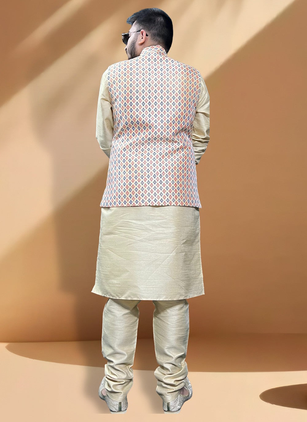 Fancy Work Jacquard, Silk Cream, Gold Kurta Payjama With Jacket - M5420