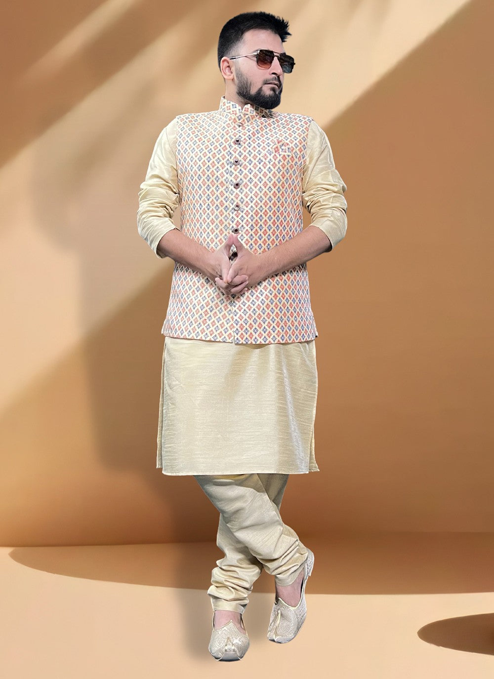 Fancy Work Jacquard, Silk Cream, Gold Kurta Payjama With Jacket - M5420