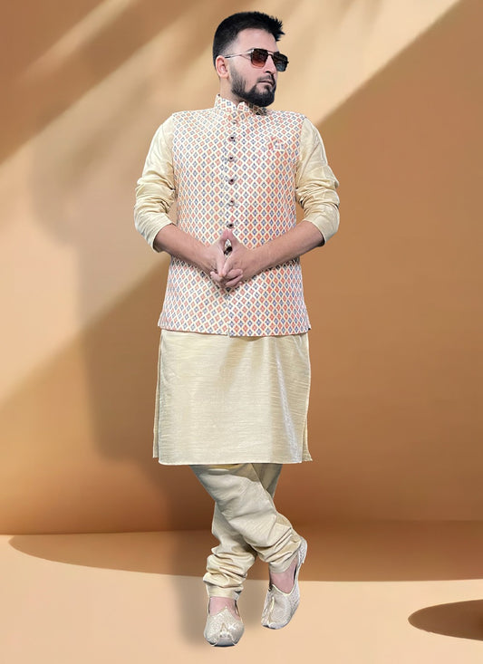 Fancy Work Jacquard, Silk Cream, Gold Kurta Payjama With Jacket - M5420
