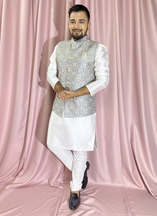 Fancy Work Jacquard, Silk Grey, White Kurta Payjama With Jacket - M5882