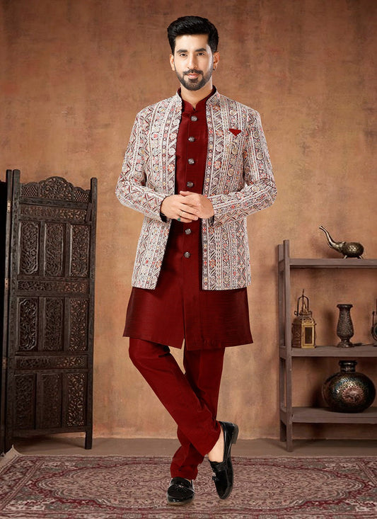 Fancy Work Silk Maroon, Multi Colour Indo Western - M7027