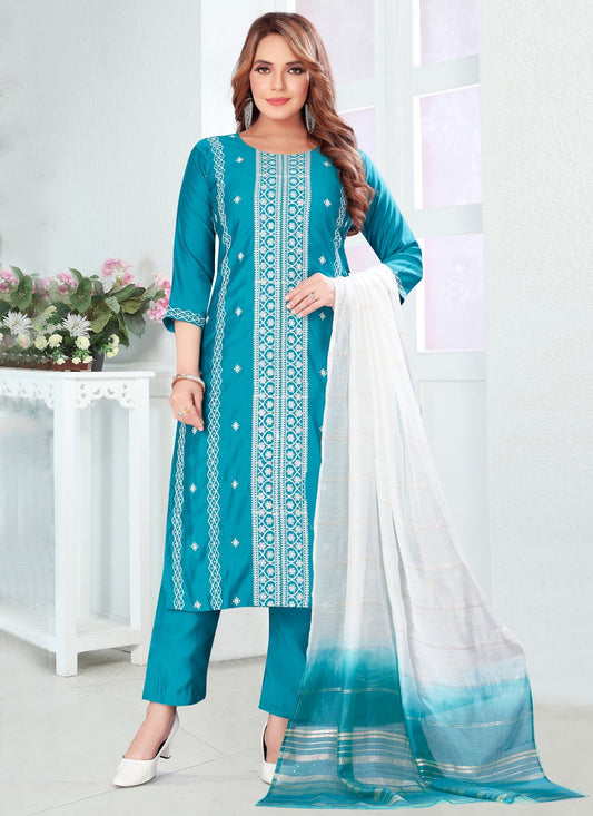 Pant Style Suit Fancy Work Blue Silk T5714