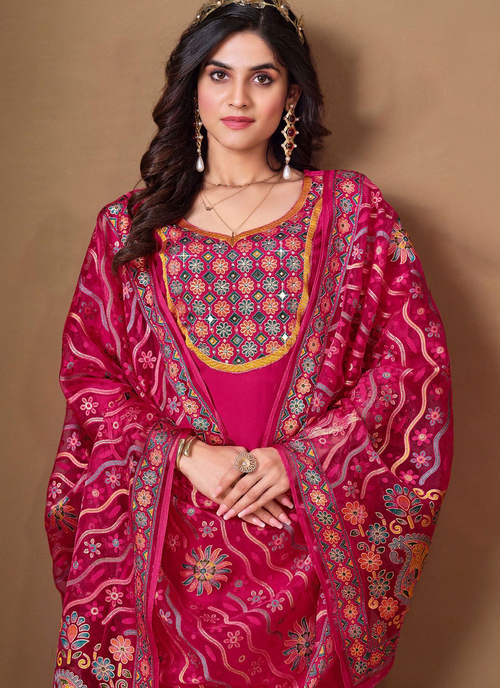Pant Style Suit Fancy Work, Stones Hot Pink T7862