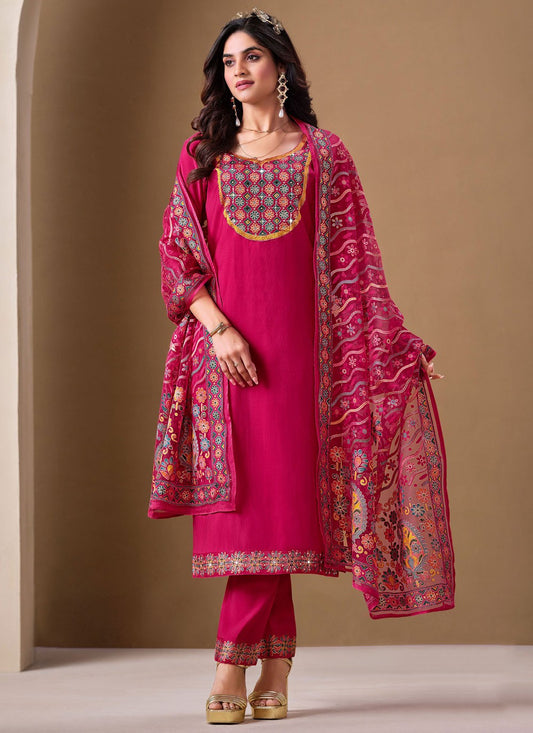 Pant Style Suit Fancy Work, Stones Hot Pink T7862