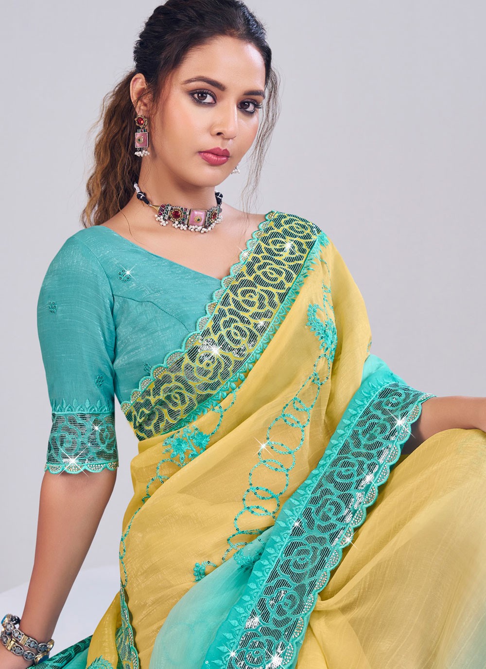 Sea Green Silk Trendy Saree Fancy Work S19876