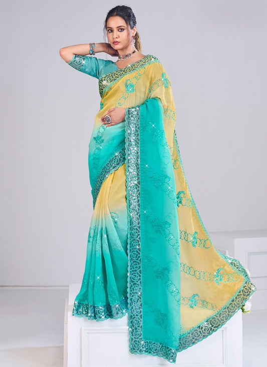 Sea Green Silk Trendy Saree Fancy Work S19876
