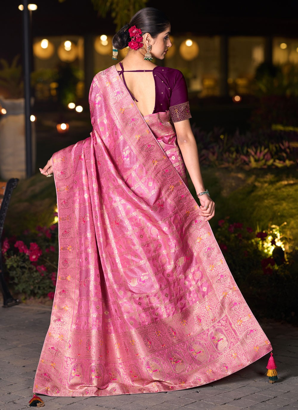 Hot Pink Pure Dola Traditional Saree Fancy Work, Stones, Woven S17326