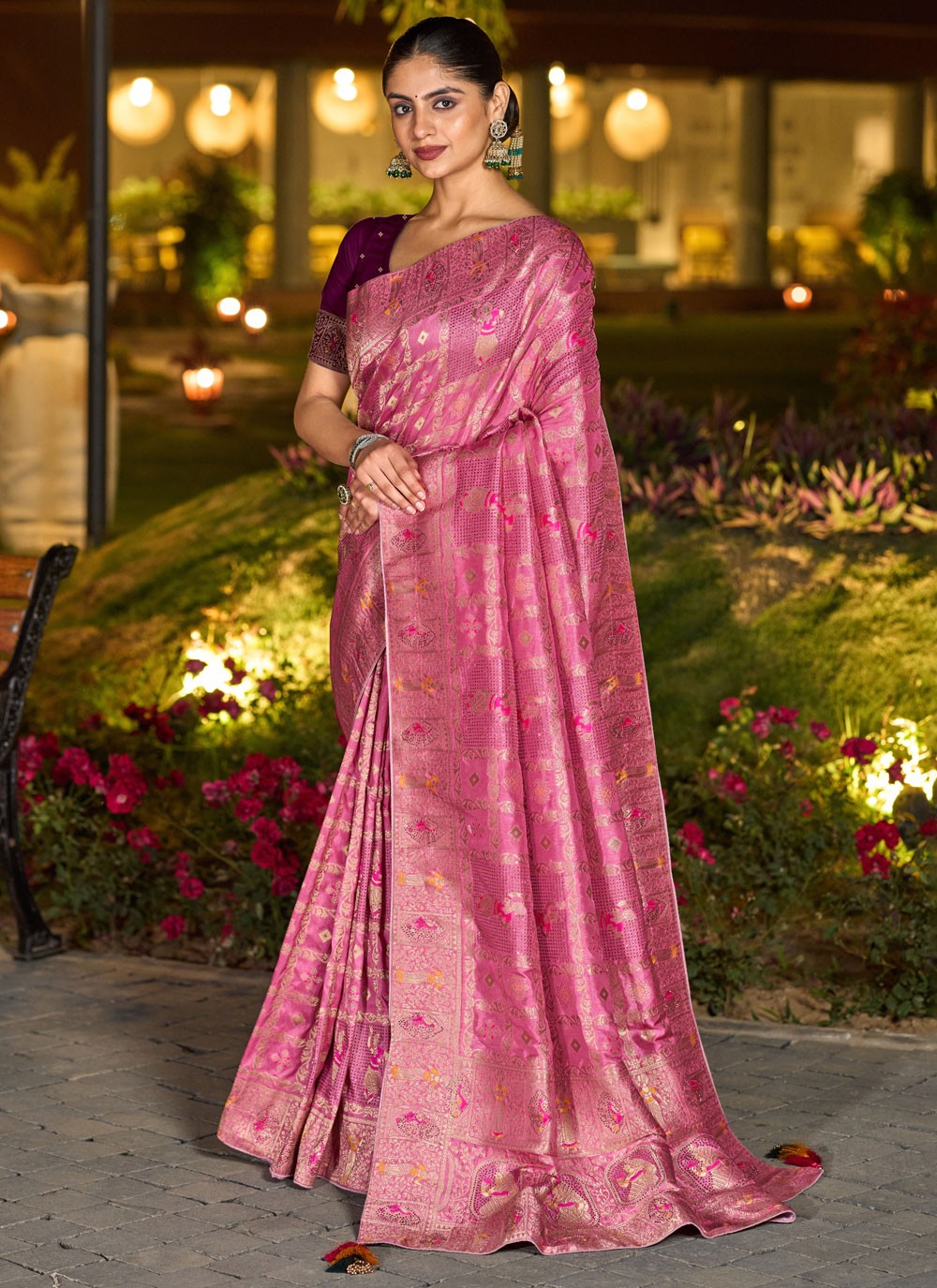Hot Pink Pure Dola Traditional Saree Fancy Work, Stones, Woven S17326