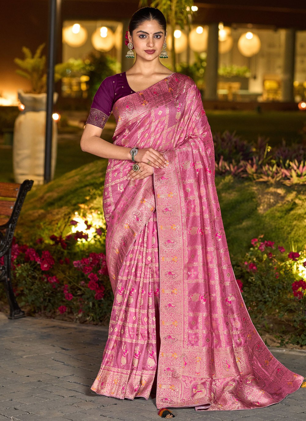Hot Pink Pure Dola Traditional Saree Fancy Work, Stones, Woven S17326