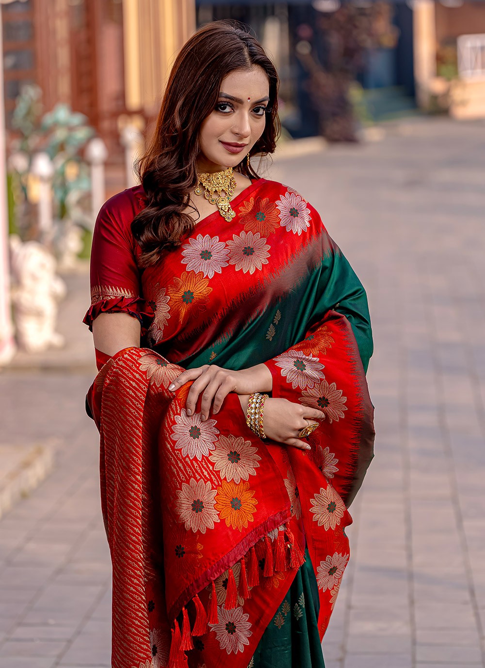 Classic Saree Printed Green Silk S12560