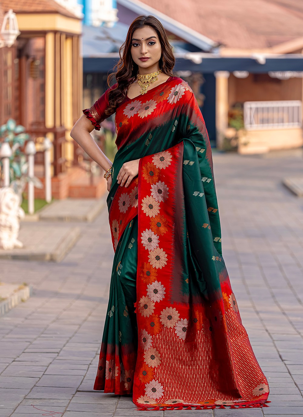 Classic Saree Printed Green Silk S12560