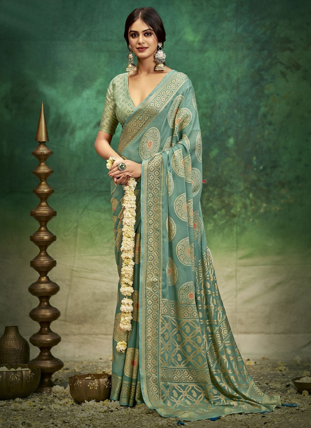 Sea Green Silk Classic Saree Jacquard Work, Printed S17391