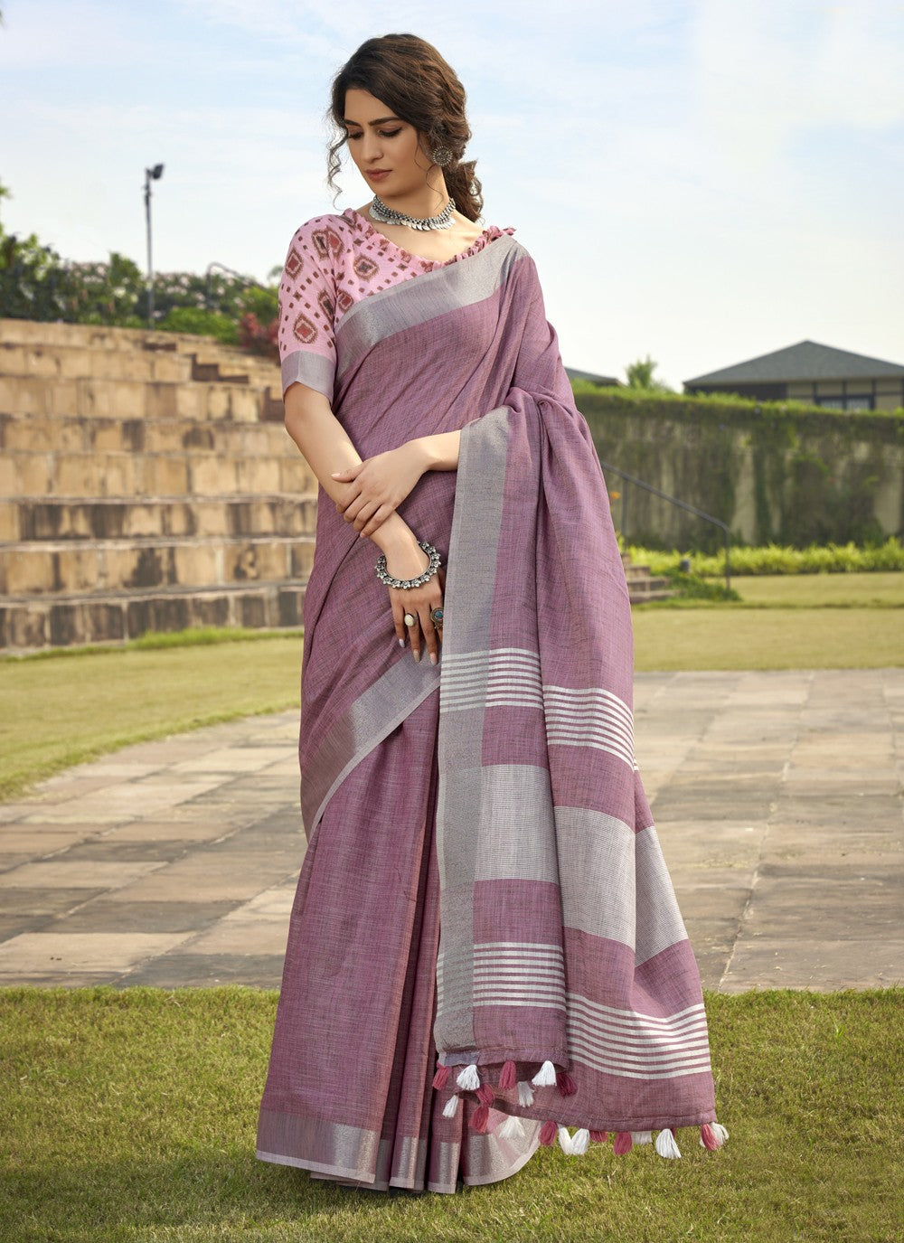 Classic Printed Linen, Silk Saree - S4119