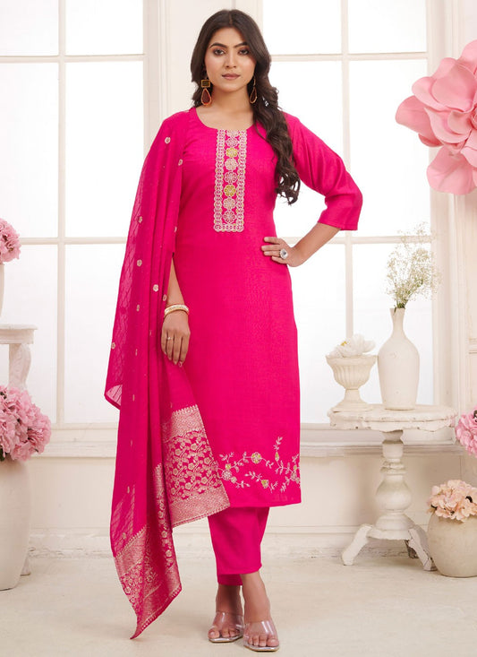 Embroidered Silk Magenta Pant Style Suit T6582