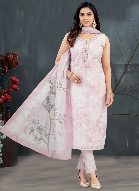 Pant Style Suit Embroidered, Floral Printed White T7421